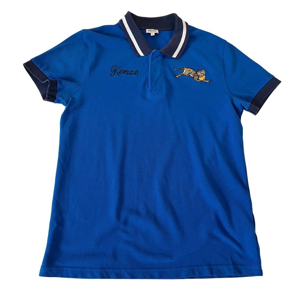 Kenzo Paris Mens Blue Jumping Tiger Embroidered Polo Shirt Size Medium